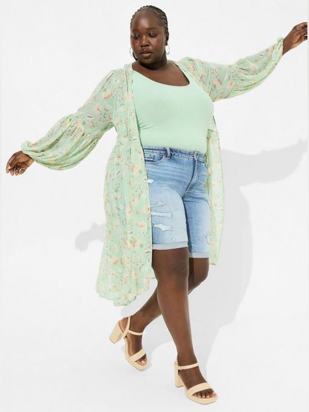 Torrid Festi Chiffon Puff Sleeve Kimono  Size 1-14-16 Green Floral Print Boho